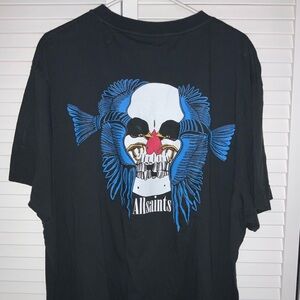 All Saints Black Tee with Blue and Red Skull Design